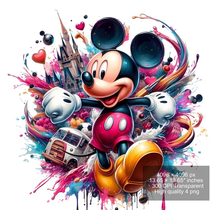 12 PNG Mickey Mouse Splash and Watercolor Digital design PNG file for sublimation – High Resolution -Instant Digital PNG Download
