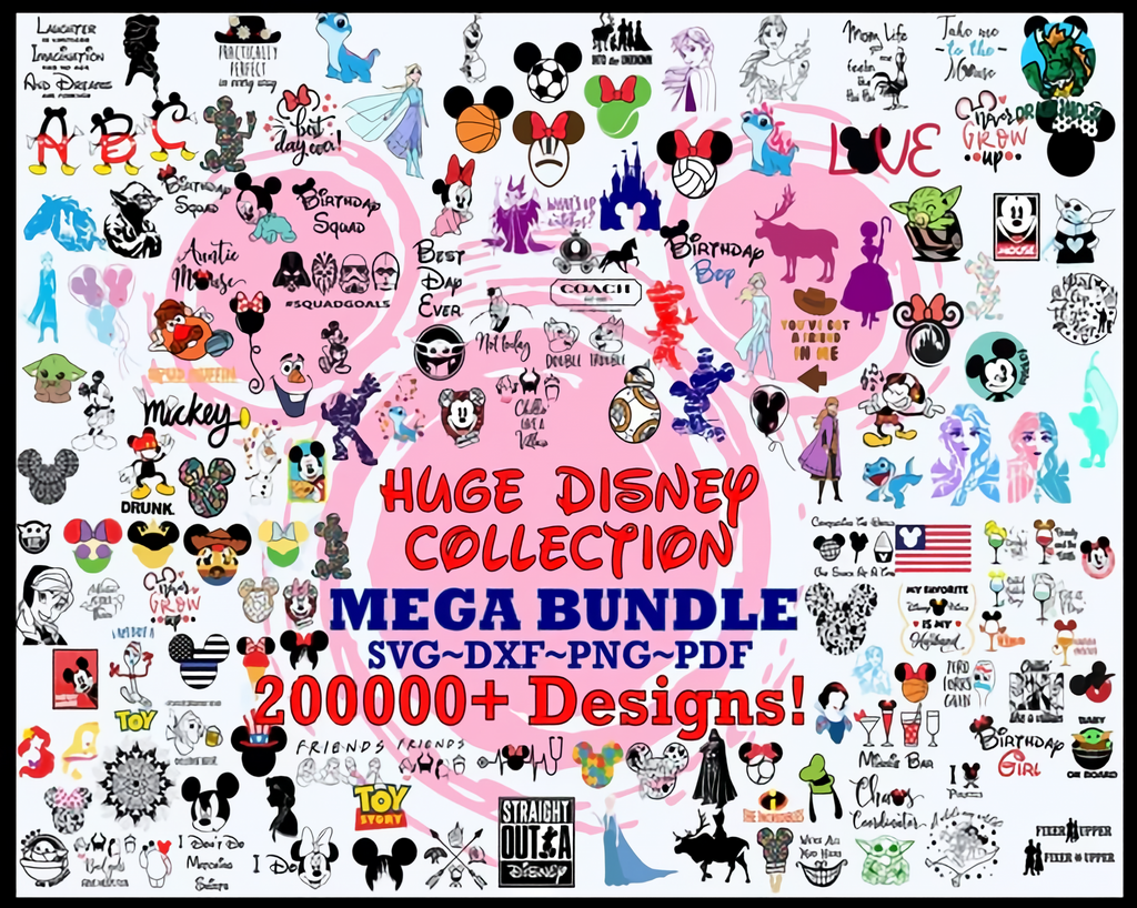 200 000+ Mega Svg Bundle Cricut File, Mickey Mouse, Minnie, Frozen, Moana, Elsa, Cinderella, Stitch, Toy Story, Pooh Cricut, Cut file