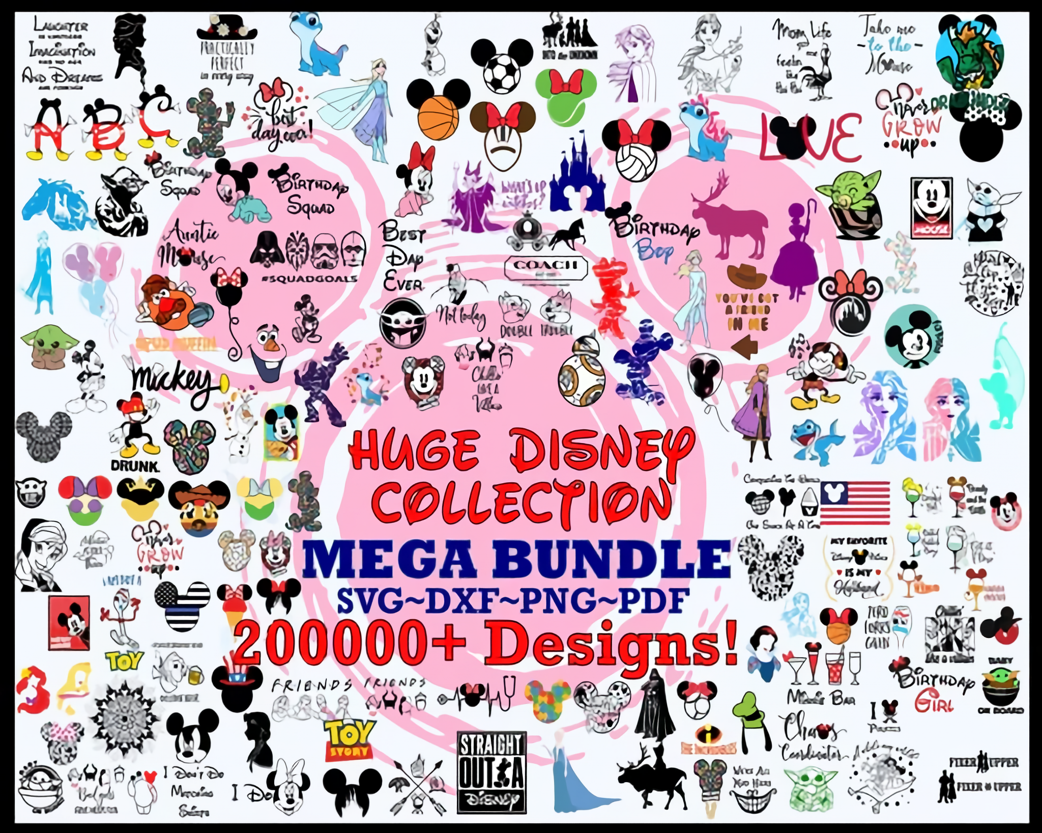 200 000+ Mega Svg Bundle Cricut File, Mickey Mouse, Minnie, Frozen, Moana, Elsa, Cinderella, Stitch, Toy Story, Pooh Cricut, Cut file