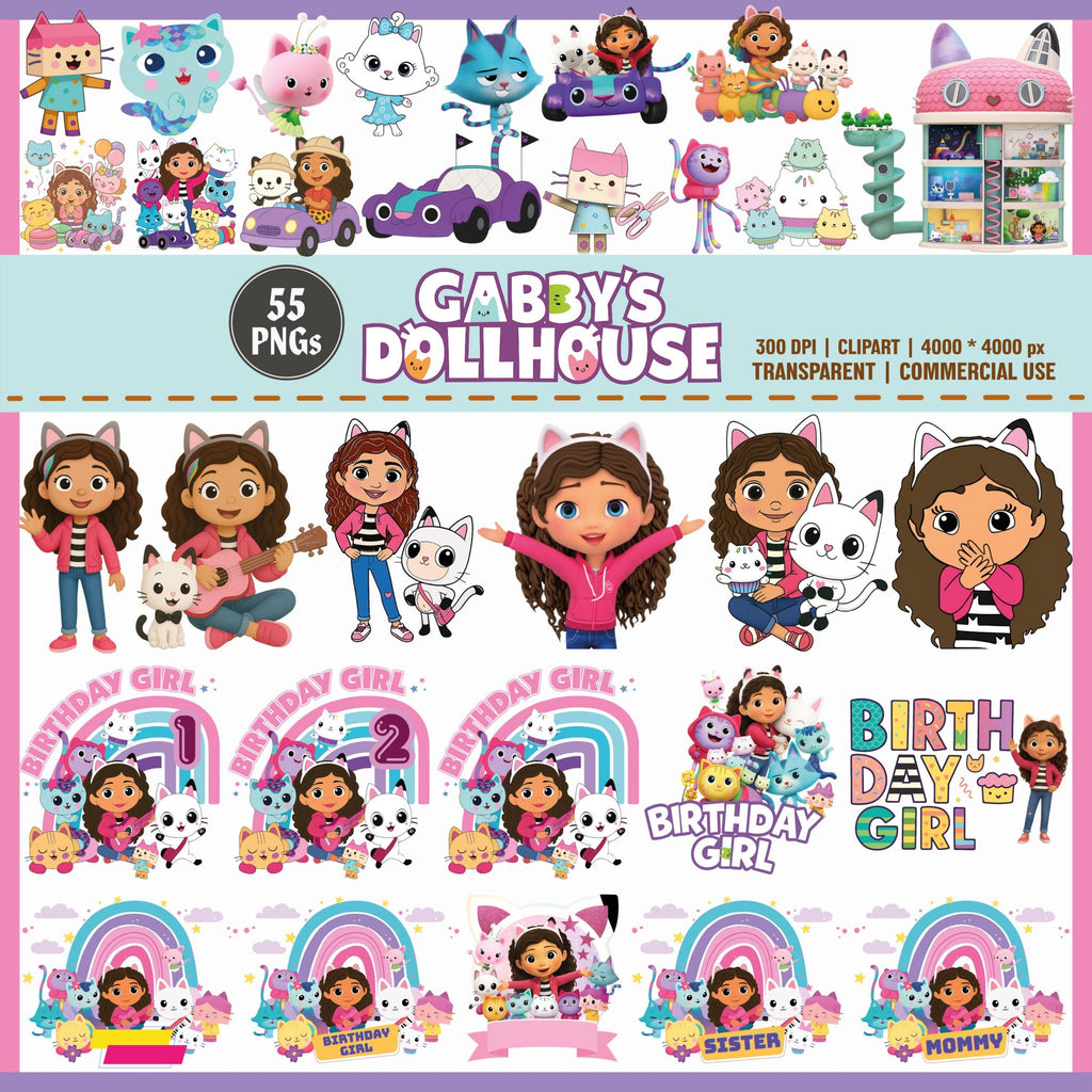 Gabby’s Dollhouse Birthday Clipart Bundle – 55 PNG, Gabby Dollhouse PNG, Gabby clipart Art, Gabby Dollhouse Shirt Png, Tumbler Dollhouse,