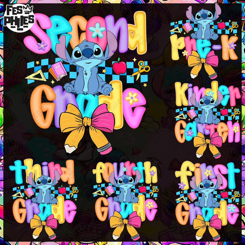 Preppy Pre-K To 4th Grade, Cartoon Pastel Bow Png, Cartoon First Day Of School Design, Blue Alien Back To School PNG Bundle, Cute School PNG