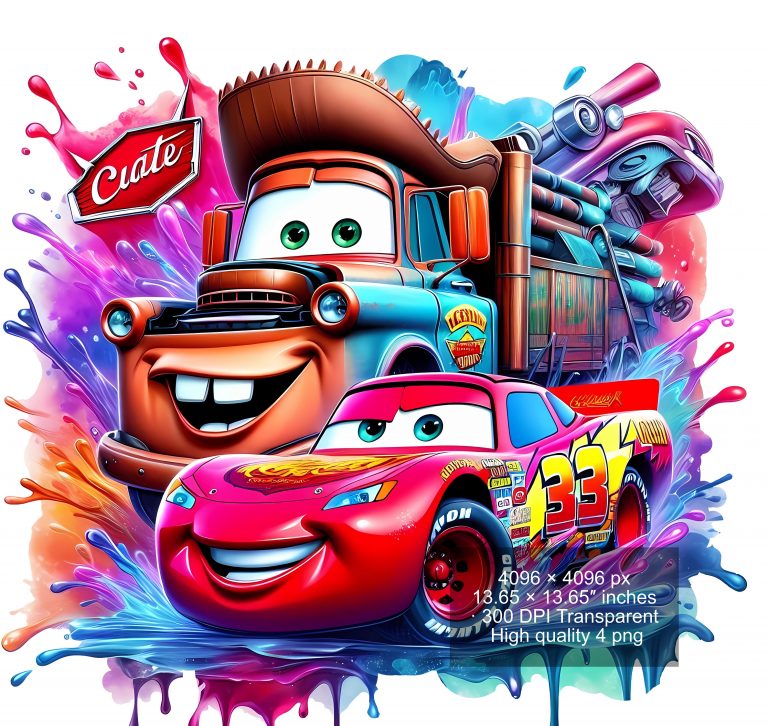 12 PNG Lightning McQueen Cars Splash and Watercolor Digital design PNG file for sublimation – High Resolution -Instant Digital PNG Download