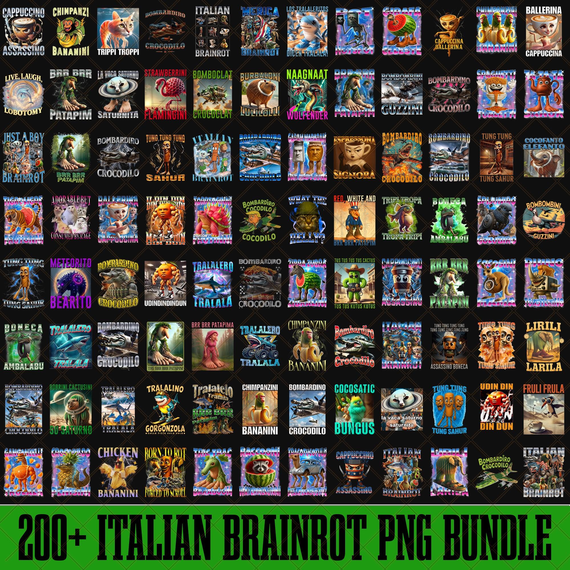 200+ Italian Brainrot Homage Png Bundle, Italian Brainrot Shirt Design, Bombardino Crocodilo Png, Tralalero Tralala,Tung Tung Tung Sahur Png