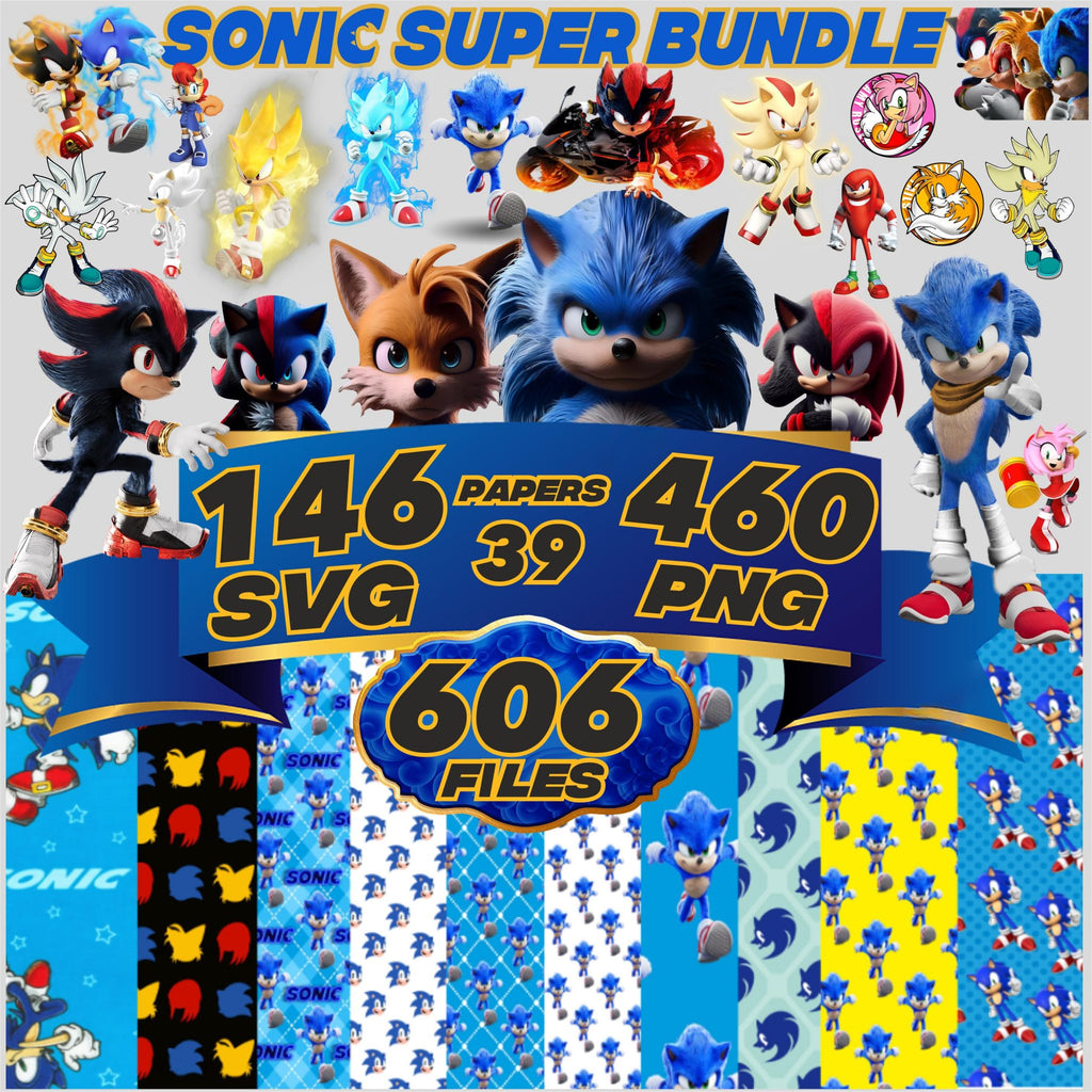 super sonic Hedgehog bundle 460 Png & 146 Svg, Sonic and shadow font and All Characters, Fonts, papers, stickers, birthday Digital Download.
