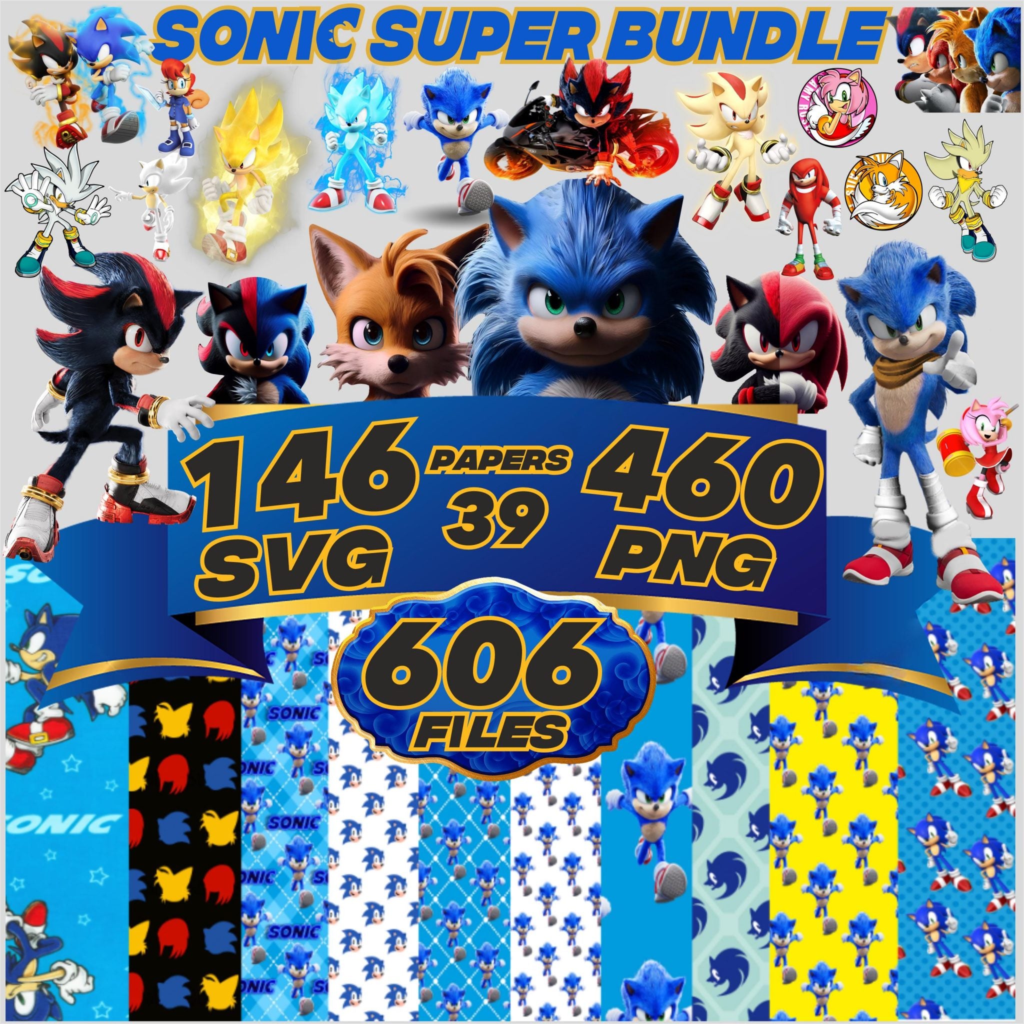 super sonic Hedgehog bundle 460 Png & 146 Svg, Sonic and shadow font and All Characters, Fonts, papers, stickers, birthday Digital Download.