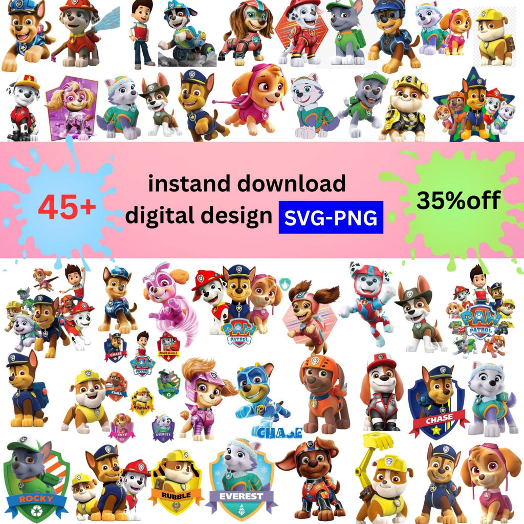 Paw Patrol SVG Bundle | 45+ Characters | Instant Download | PNG & SVG Cut Files | Kids Birthday Party Clipart | Cricut Files