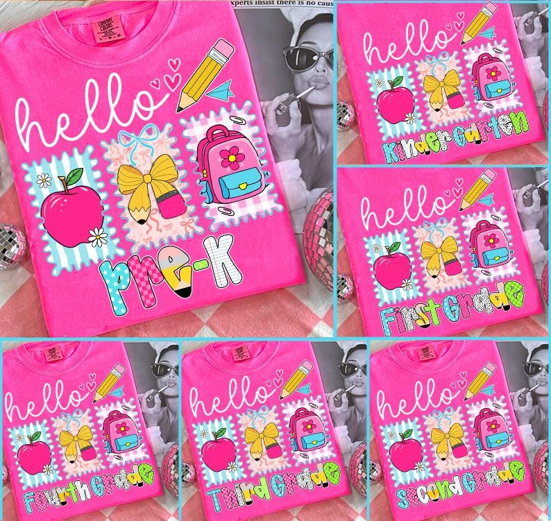 Preppy Back to School PNG Bundle, Hello Kindergarten Pre-K 1st 2d 3d 4th 5th Grades Png, Coquette First day Hand Drawn Teacher Girl