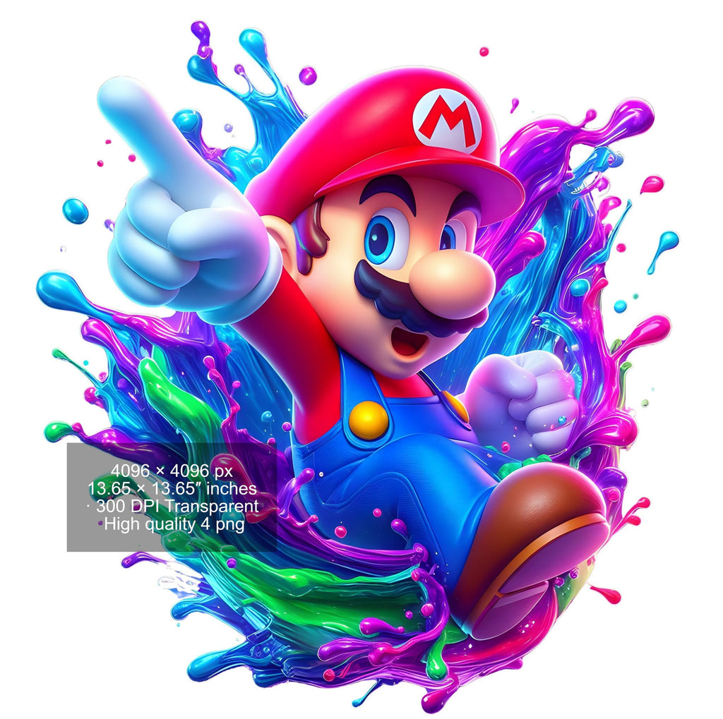 8 PNG Super Mario Splash and Watercolor Digital design PNG file for sublimation – High Resolution -Instant Digital PNG Download