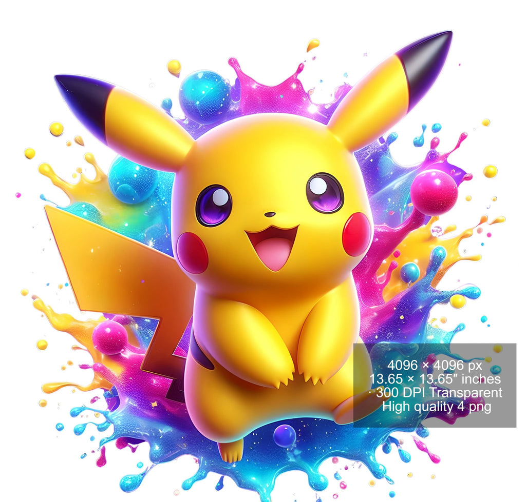 8 PNG Pikachu Splash and Watercolor Digital design PNG file for sublimation – High Resolution -Instant Digital PNG Download