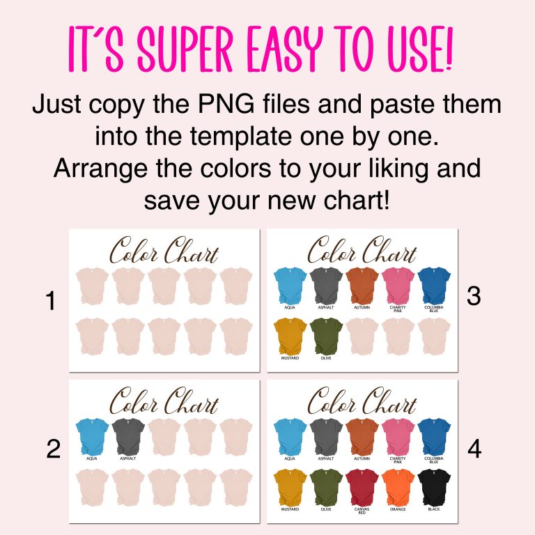Editable Color Chart Bella Canvas 3001 169 PNG Transparent Files + 24 JPEG Templates Unisex Style Men Women T-shirt Mockup Custom Chart