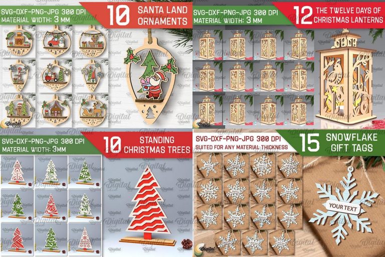 3D Christmas Laser cut Mega Bundle, 257 Xmas lasercut designs, lantern laser cut SVG, Merry Xmas decor svg, wooden xmas tree ornaments
