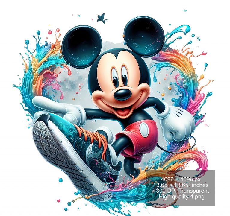 12 PNG Mickey Mouse Splash and Watercolor Digital design PNG file for sublimation – High Resolution -Instant Digital PNG Download