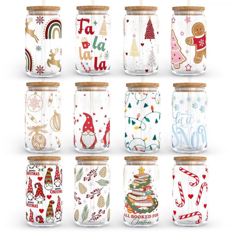 80 Christmas Glass CanBundle Svg | Christmas 16Oz Libbey Glass Can Wrap | Svg Files for Cricut & Silhouette Cameo | Christmas Glassware