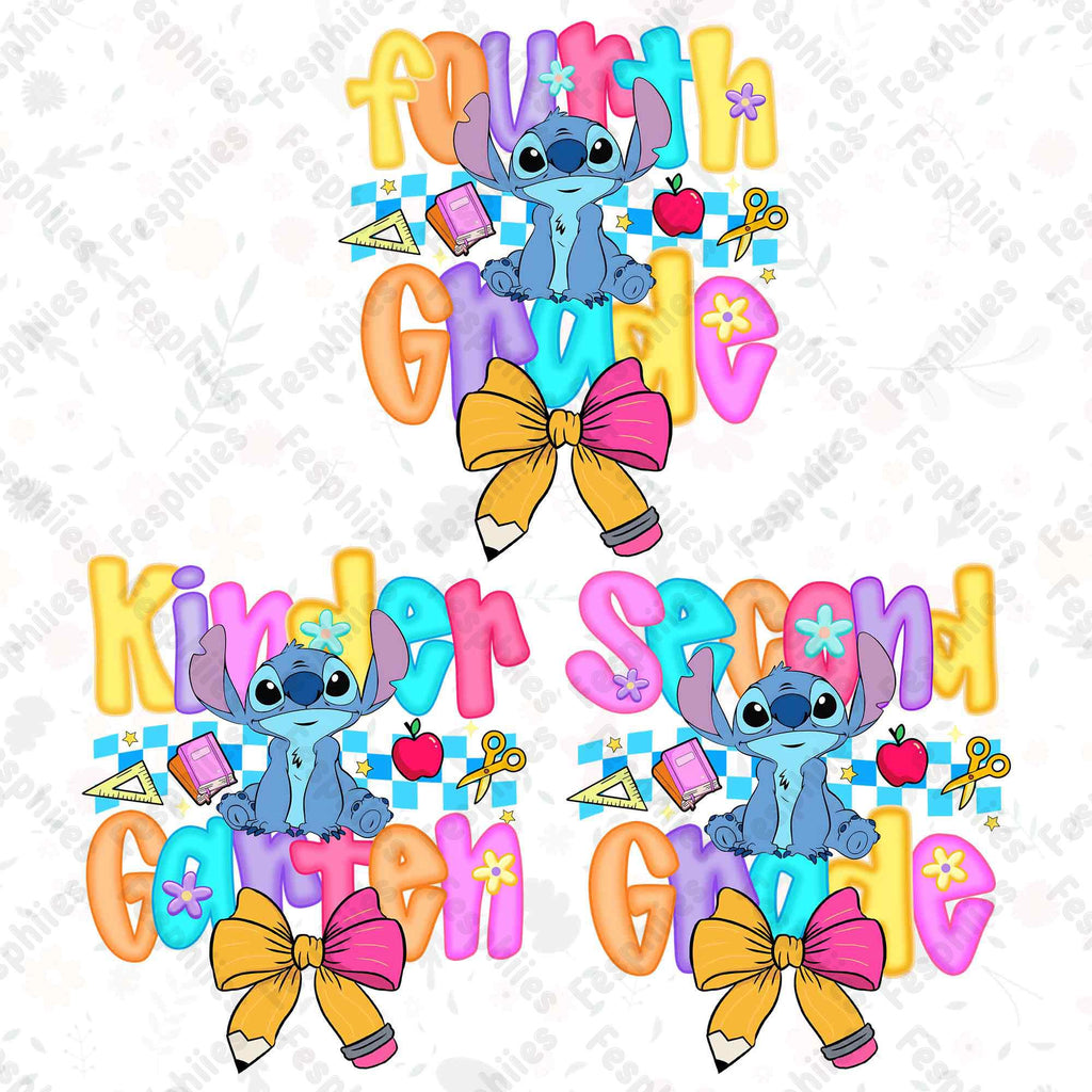 Preppy Pre-K To 4th Grade, Cartoon Pastel Bow Png, Cartoon First Day Of School Design, Blue Alien Back To School PNG Bundle, Cute School PNG