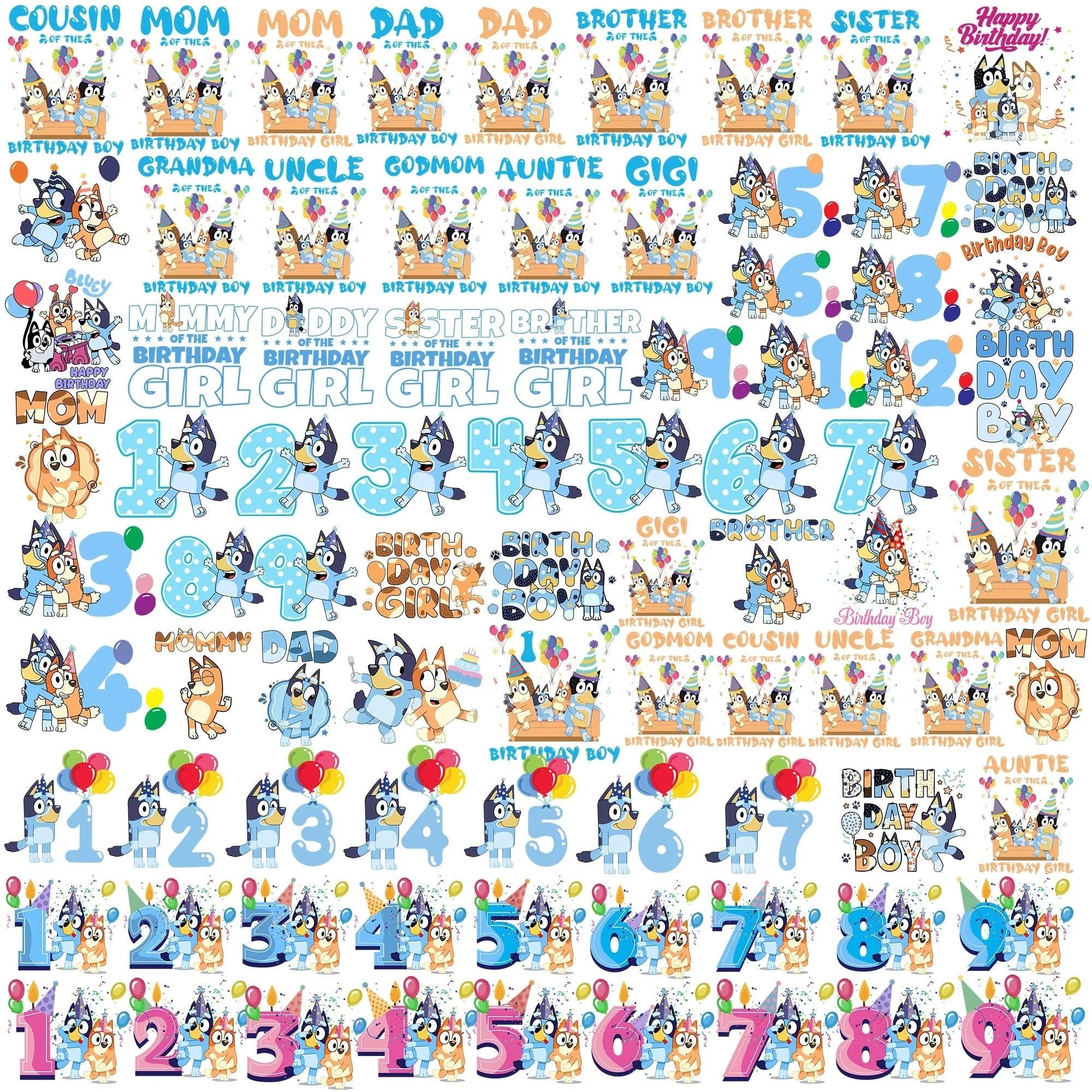 Bluey Birthday Svg, Blue Dog and Friends Svg, Cartoon Characters Cliparts,Layered Svg by Colors,Transparent Png, Cut files for Cricut