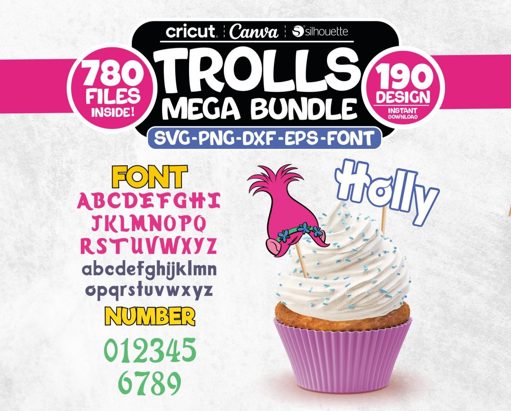 Trolls Svg Mega Bundle, Trolls Png, Svg for Cricut, Svg Birthday, Trolls Font, Trolls Alphabet, Trolls Clipart, Instant Download, Silhouette