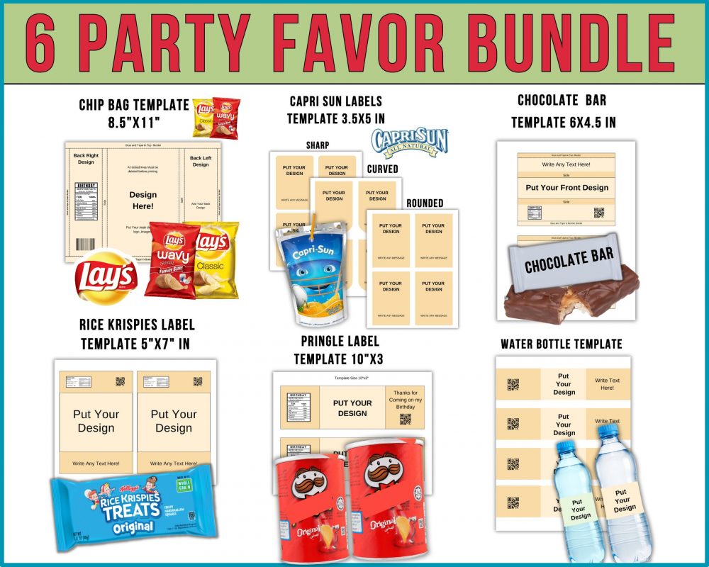 6 Party Favor Template Bundle, Chip Bag Template, Water Bottle Labels, Chocolate Bar , Pringles Template, Party Favor , SVG , Canva Editable