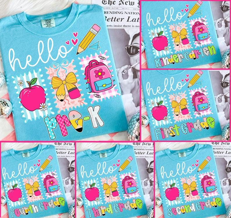 Preppy Back to School PNG Bundle, Hello Kindergarten Pre-K 1st 2d 3d 4th 5th Grades Png, Coquette First day Hand Drawn Teacher Girl