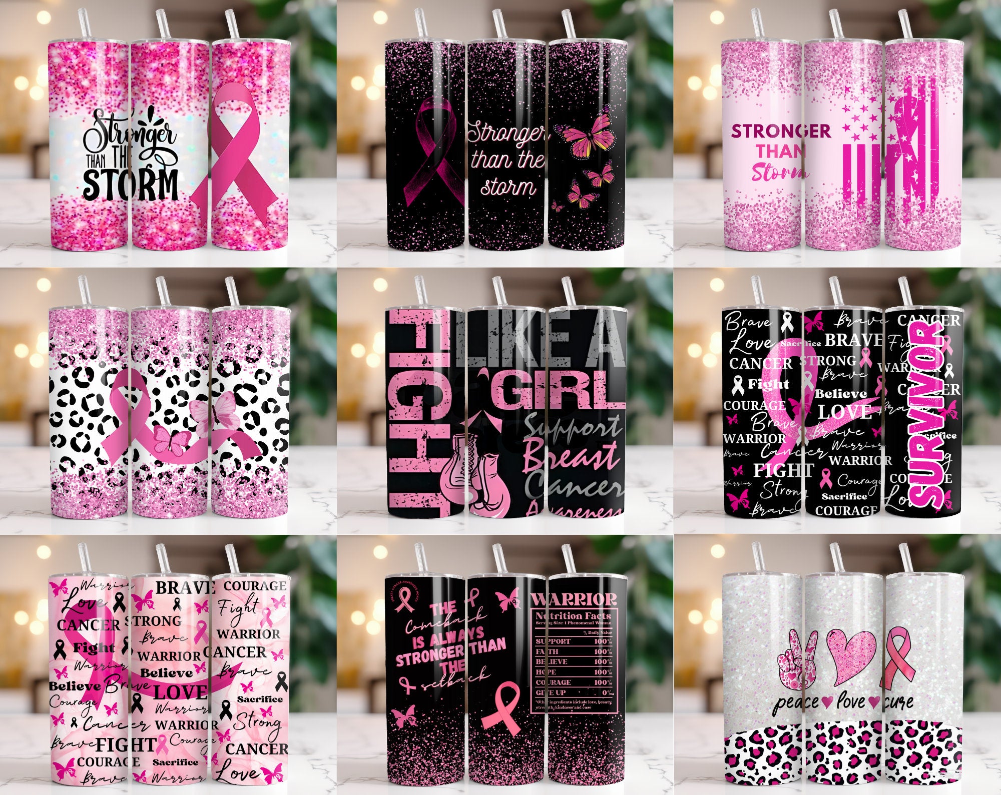 100+ Breast Cancer Tumbler Wrap Bundle 20oz Skinny Tumbler Sublimation PNG Ribbon Awareness Cancer Awareness Glitter Pink Tumbler