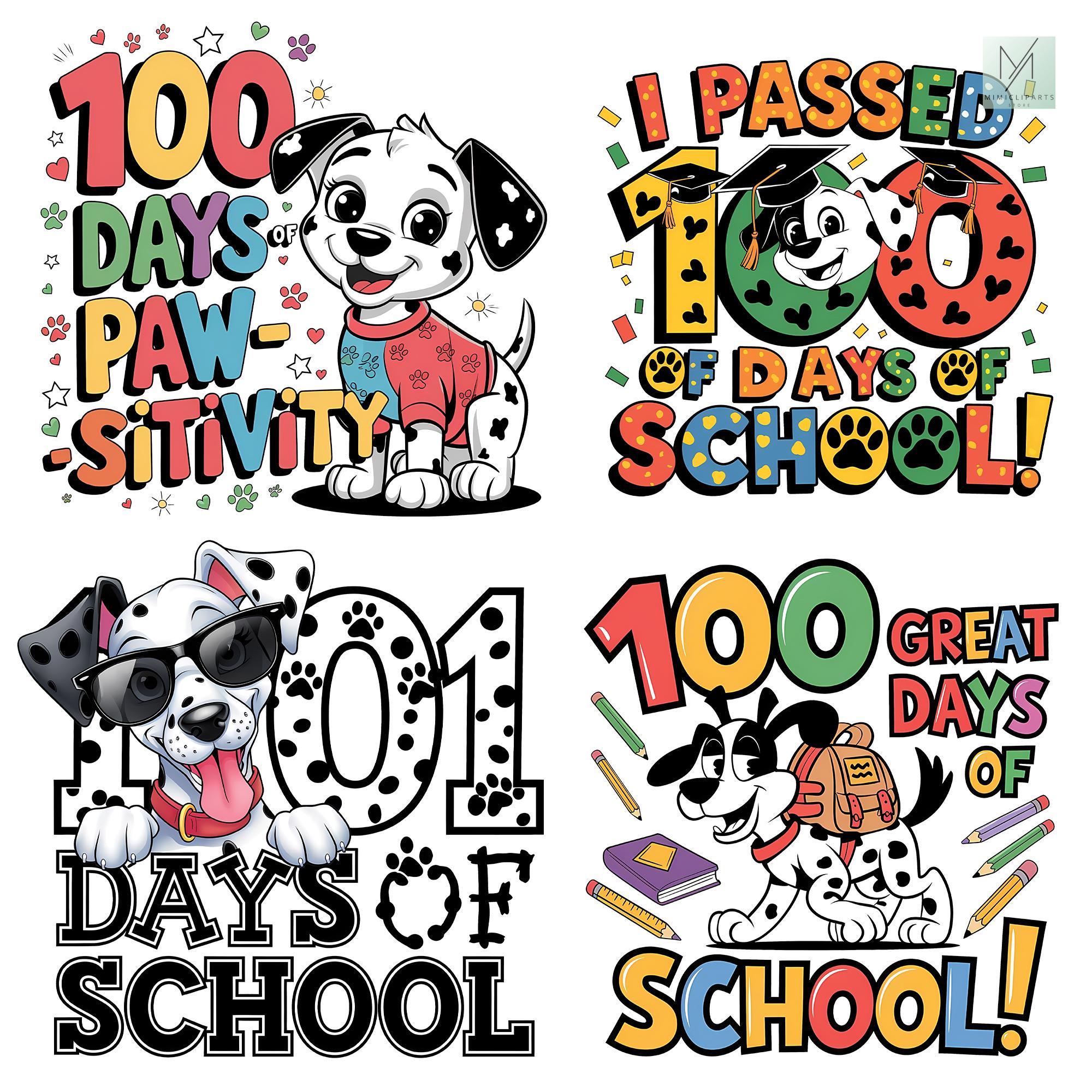 101 Days Of School Dalmatian Dog Clipart Bundle, 10 PNG Happy 100 Days Clipart, Back To School Png, School Clipart, Commercial Use