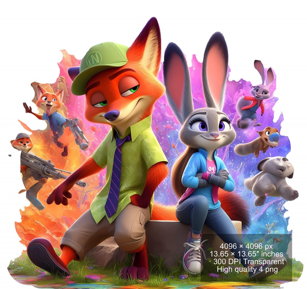 8 PNG Zootopia Nick & Judy Splash and Watercolor Digital design PNG file for sublimation – High Resolution -Instant Digital PNG Download