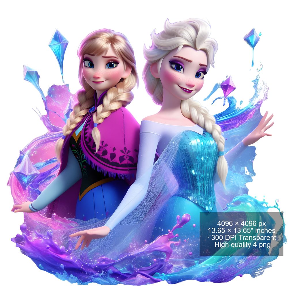 8 PNG Elsa and Anna Frozen Splash and Watercolor Digital design PNG file for sublimation – High Resolution -Instant Digital PNG Download