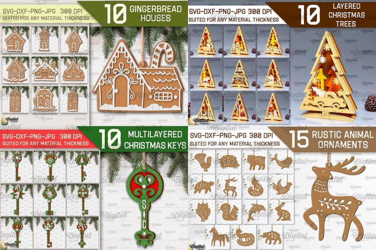 3D Christmas Laser cut Mega Bundle, 257 Xmas lasercut designs, lantern laser cut SVG, Merry Xmas decor svg, wooden xmas tree ornaments