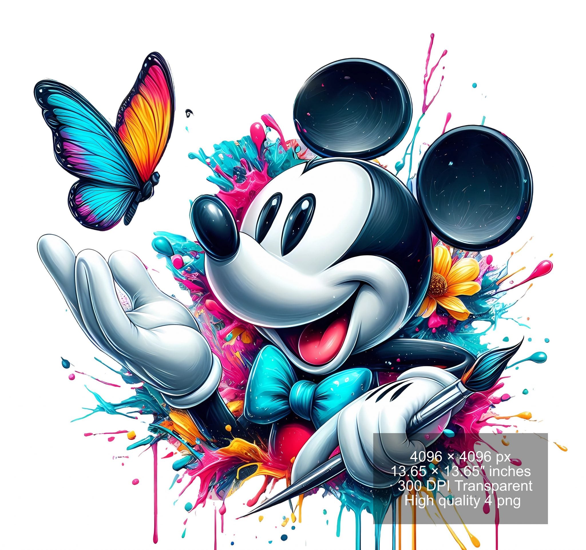 12 PNG Mickey Mouse Splash and Watercolor Digital design PNG file for sublimation – High Resolution -Instant Digital PNG Download