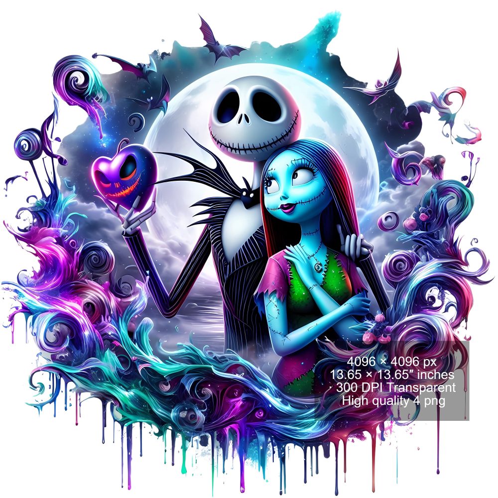 8 PNG Jack and Sally Splash and Watercolor Digital design PNG file for sublimation – High Resolution -Instant Digital PNG Download