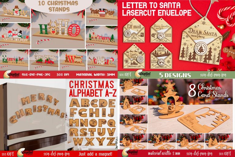 Christmas Laser cut Mega Bundle, 306 Christmas lasercut deisgn, 3D Xmas lasercut SVG, Candle holder, lantern, sign, stand, coaster glowforge