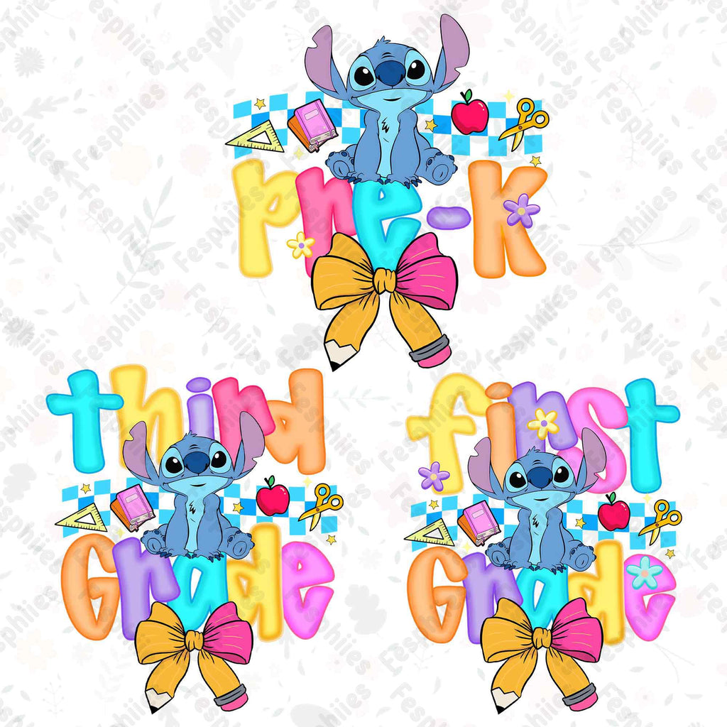 Preppy Pre-K To 4th Grade, Cartoon Pastel Bow Png, Cartoon First Day Of School Design, Blue Alien Back To School PNG Bundle, Cute School PNG
