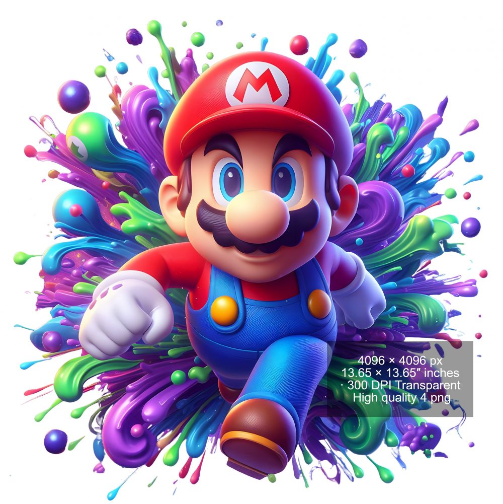 8 PNG Super Mario Splash and Watercolor Digital design PNG file for sublimation – High Resolution -Instant Digital PNG Download
