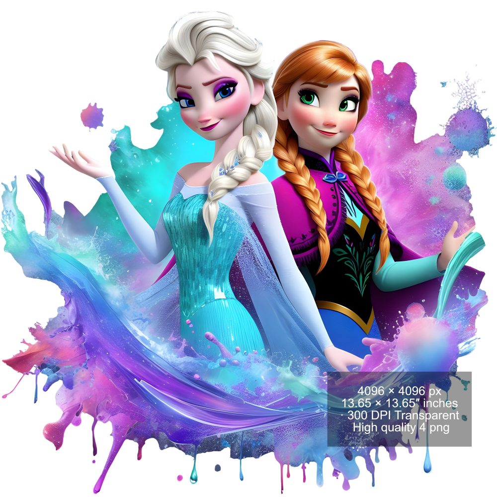 8 PNG Elsa and Anna Frozen Splash and Watercolor Digital design PNG file for sublimation – High Resolution -Instant Digital PNG Download