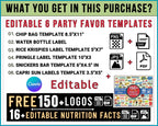 6 Party Favor Template Bundle, Chip Bag Template, Water Bottle Labels, Chocolate Bar , Pringles Template, Party Favor , SVG , Canva Editable