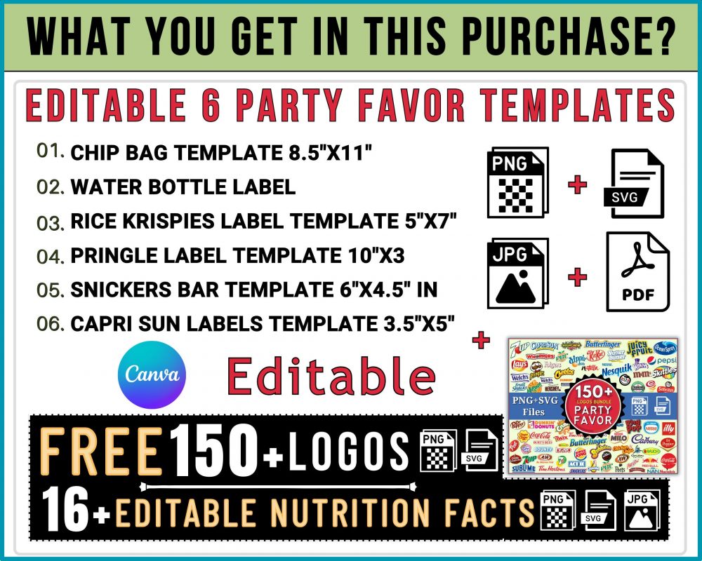6 Party Favor Template Bundle, Chip Bag Template, Water Bottle Labels, Chocolate Bar , Pringles Template, Party Favor , SVG , Canva Editable