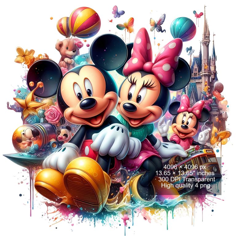 8 PNG Mickey Mouse and Minnie Splash and Watercolor Digital design PNG file for sublimation – High Resolution -Instant Digital PNG Download