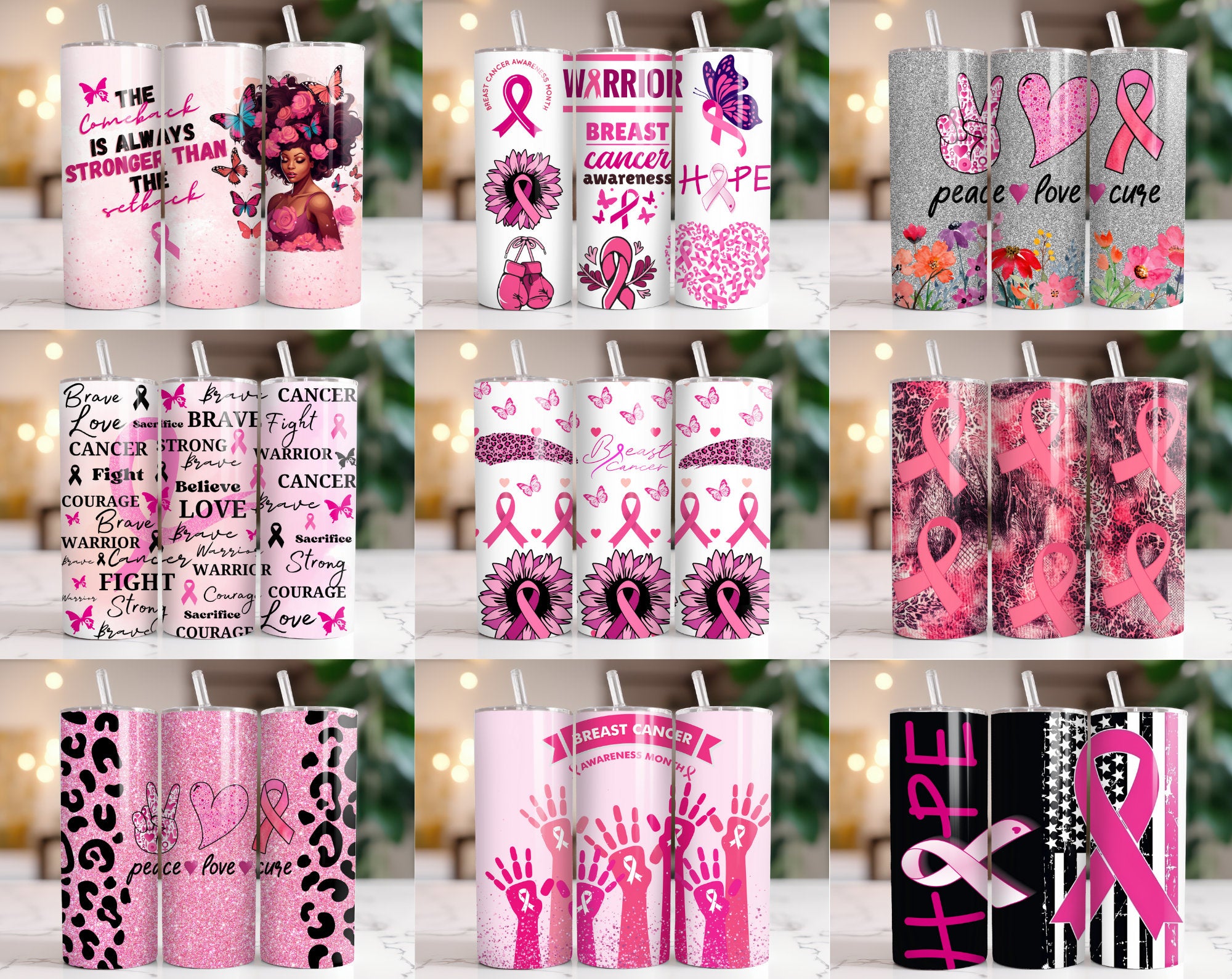 100+ Breast Cancer Tumbler Wrap Bundle 20oz Skinny Tumbler Sublimation PNG Ribbon Awareness Cancer Awareness Glitter Pink Tumbler