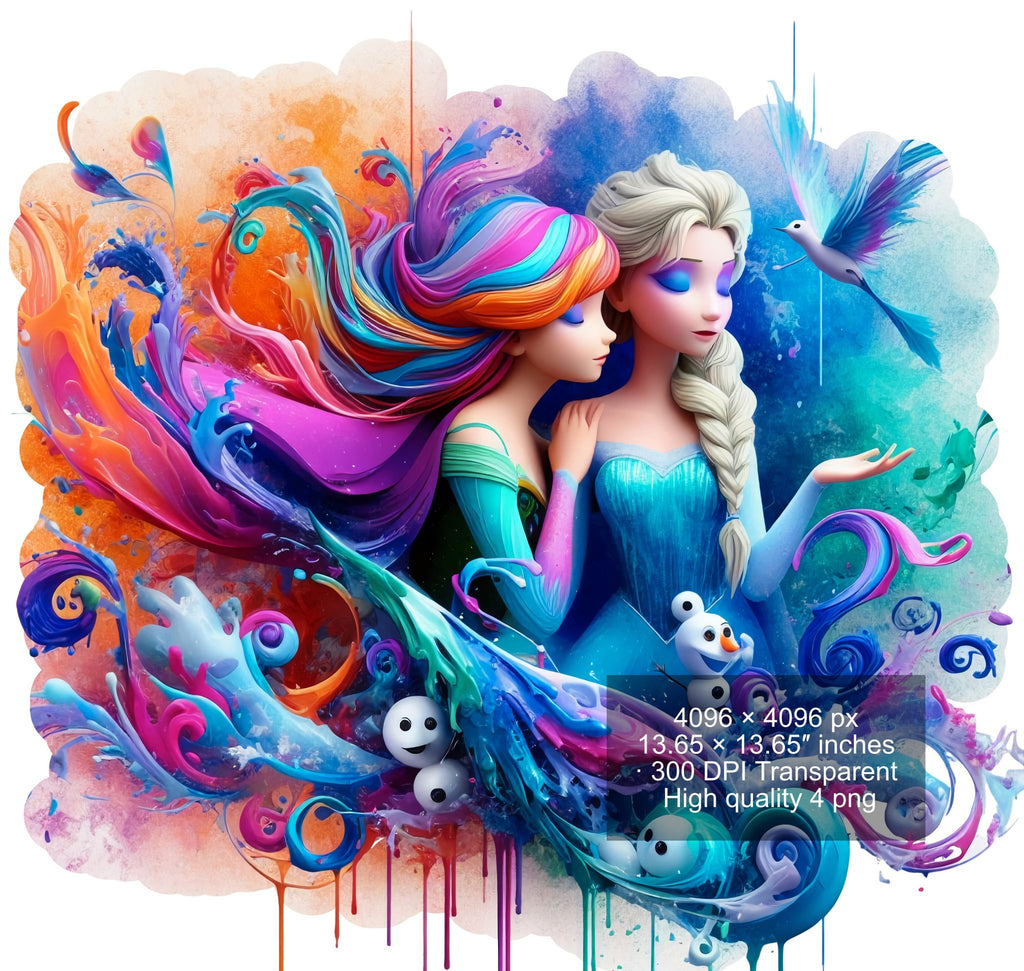 8 PNG Elsa and Anna Frozen Splash and Watercolor Digital design PNG file for sublimation – High Resolution -Instant Digital PNG Download