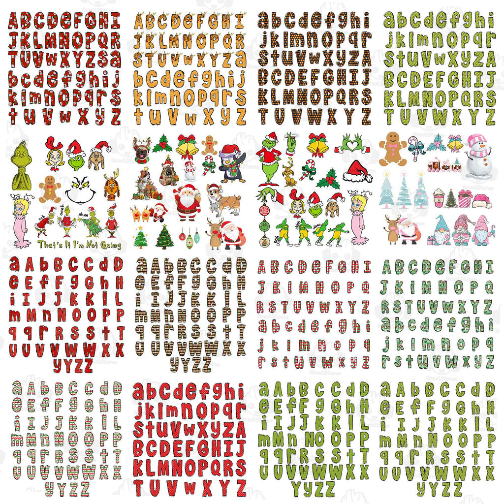 7 Set Christmas Alpha Doodle Png Bundle, Christmas Character Alphabet Bundle, Christmas Hot Custom Png Bundle, Digital Download