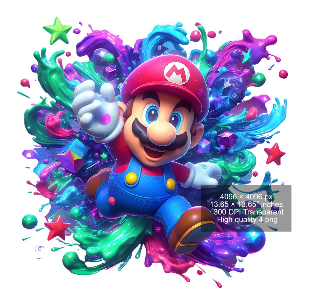 8 PNG Super Mario Splash and Watercolor Digital design PNG file for sublimation – High Resolution -Instant Digital PNG Download
