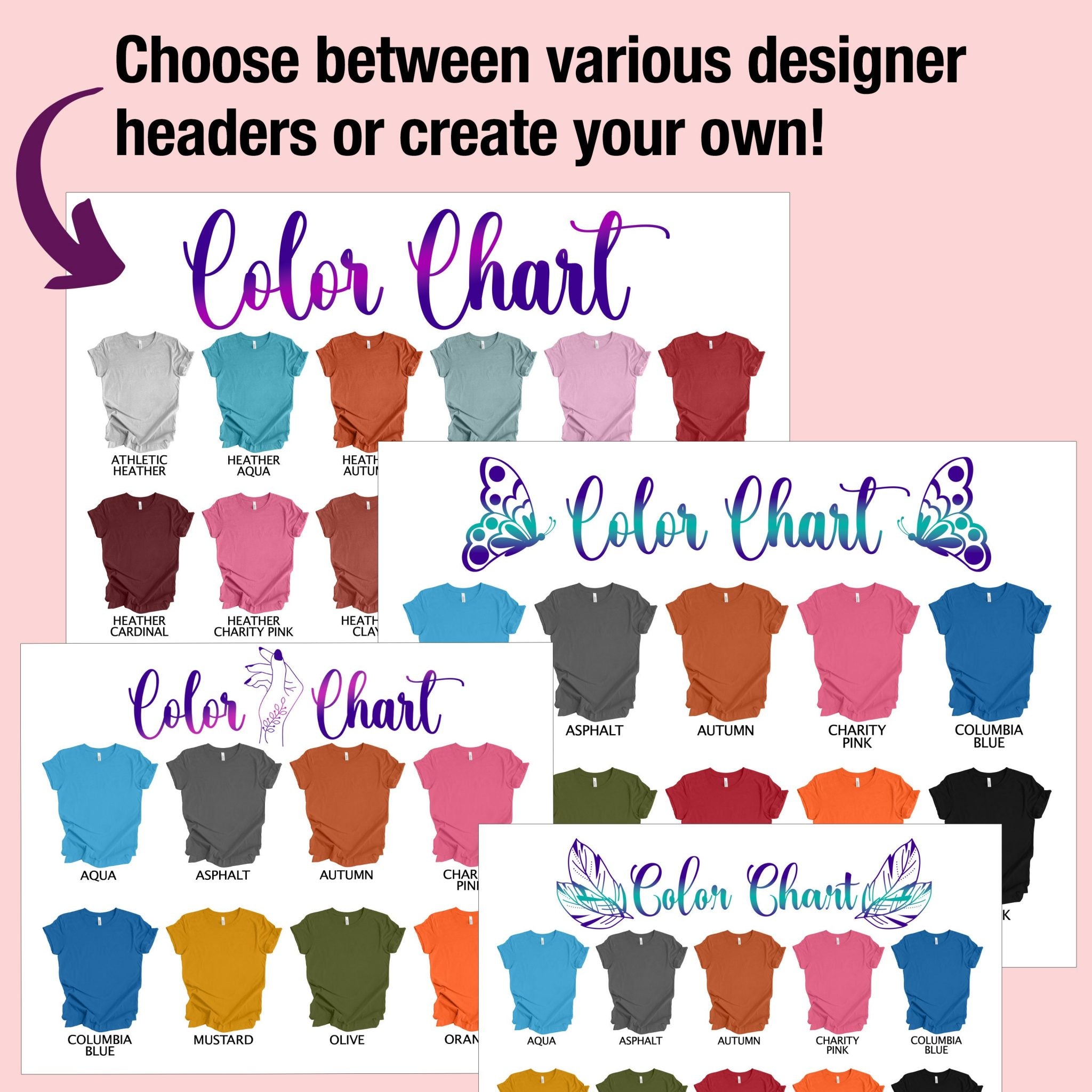 Editable Color Chart Bella Canvas 3001 169 PNG Transparent Files + 24 JPEG Templates Unisex Style Men Women T-shirt Mockup Custom Chart