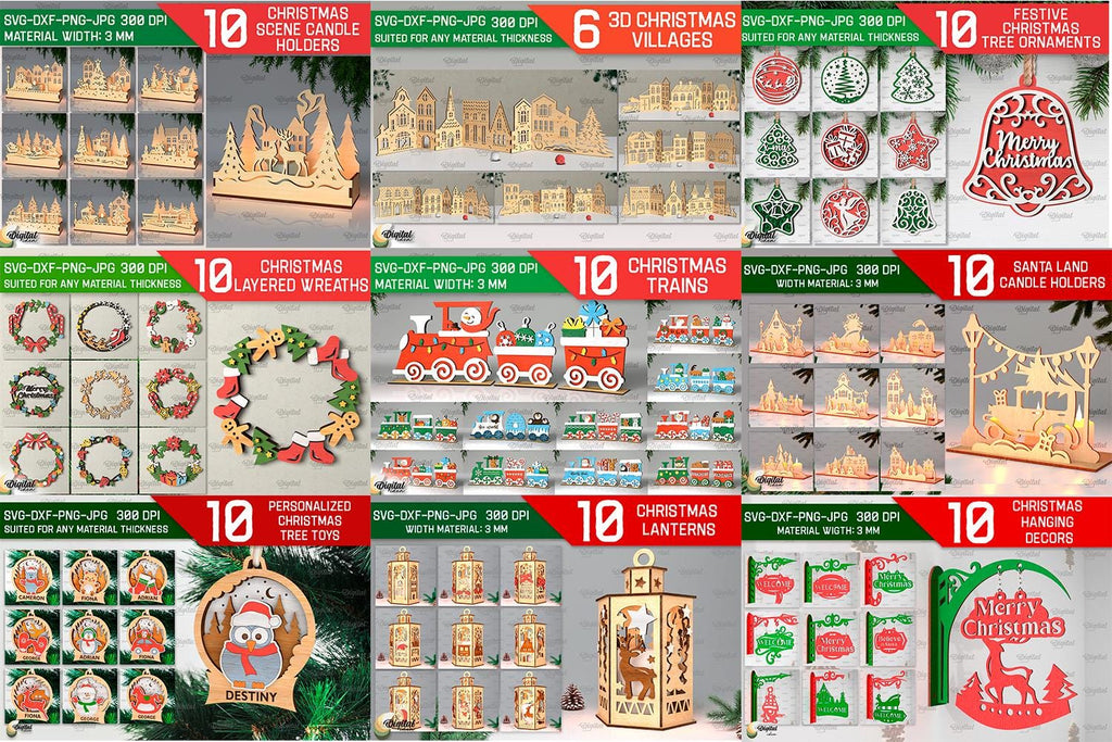 Christmas Laser cut Mega Bundle, 421 Xmas 3D lasercut designs, Christmas decor, lantern laser cut SVG, wooden xmas tree ornaments, sign svg