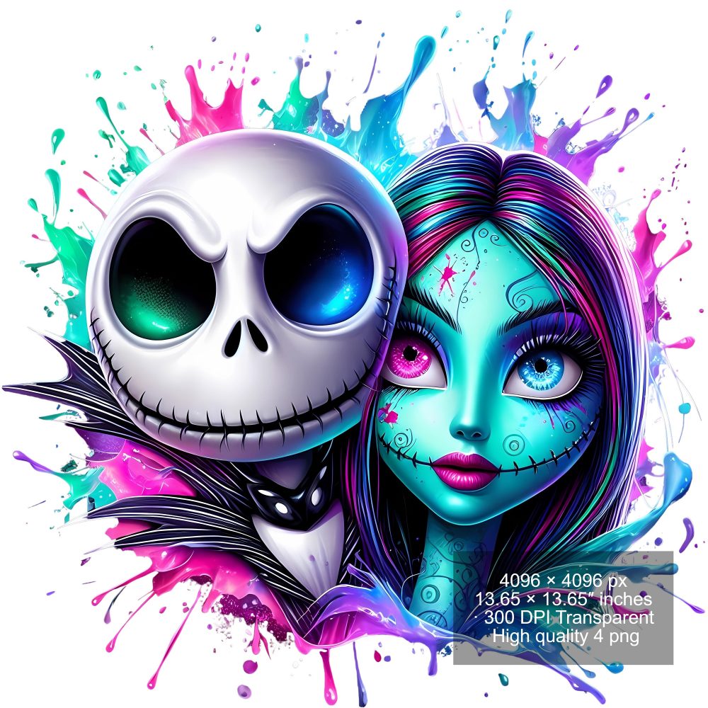 8 PNG Jack and Sally Splash and Watercolor Digital design PNG file for sublimation – High Resolution -Instant Digital PNG Download