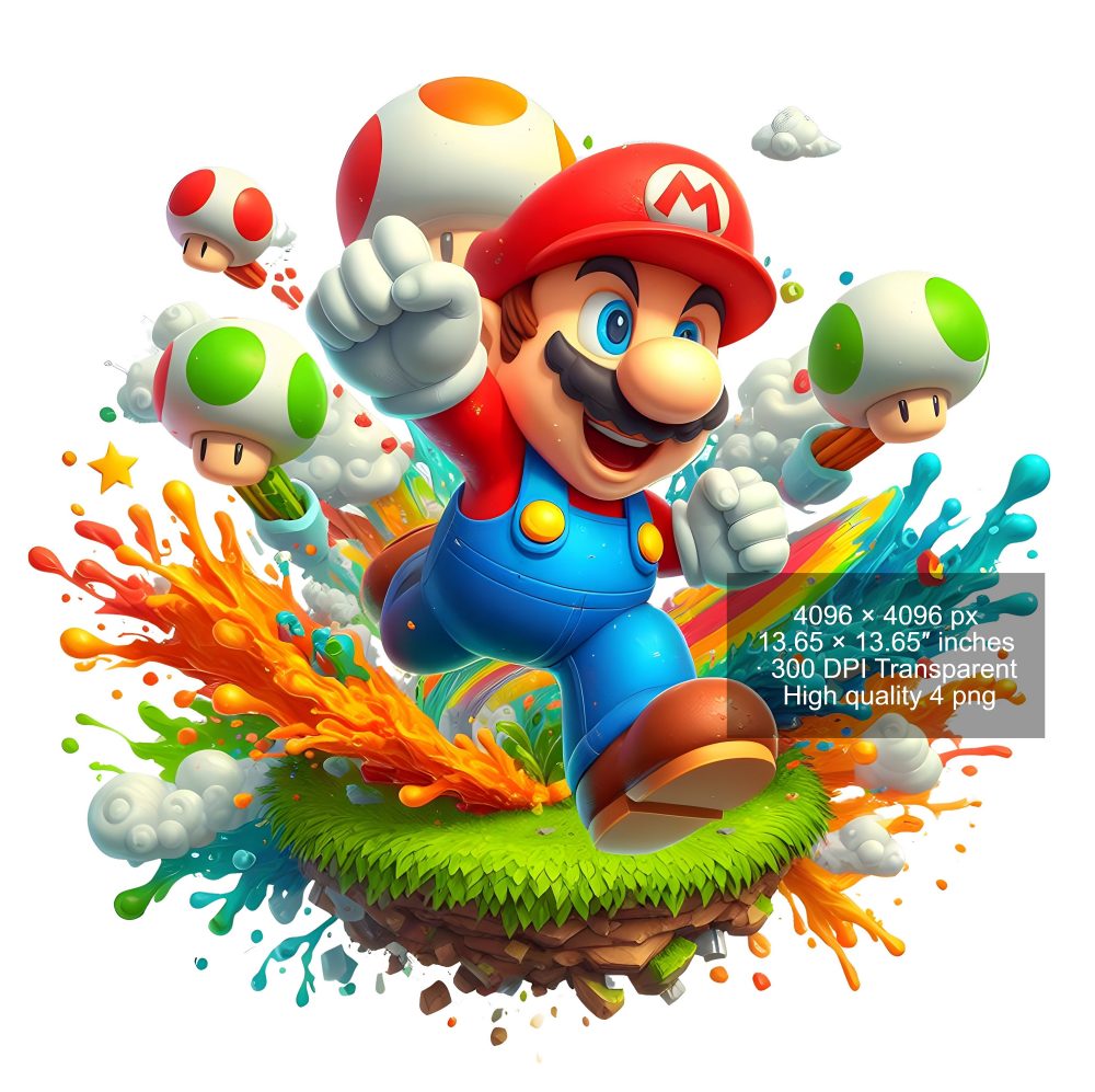 8 PNG Super Mario Splash and Watercolor Digital design PNG file for sublimation – High Resolution -Instant Digital PNG Download