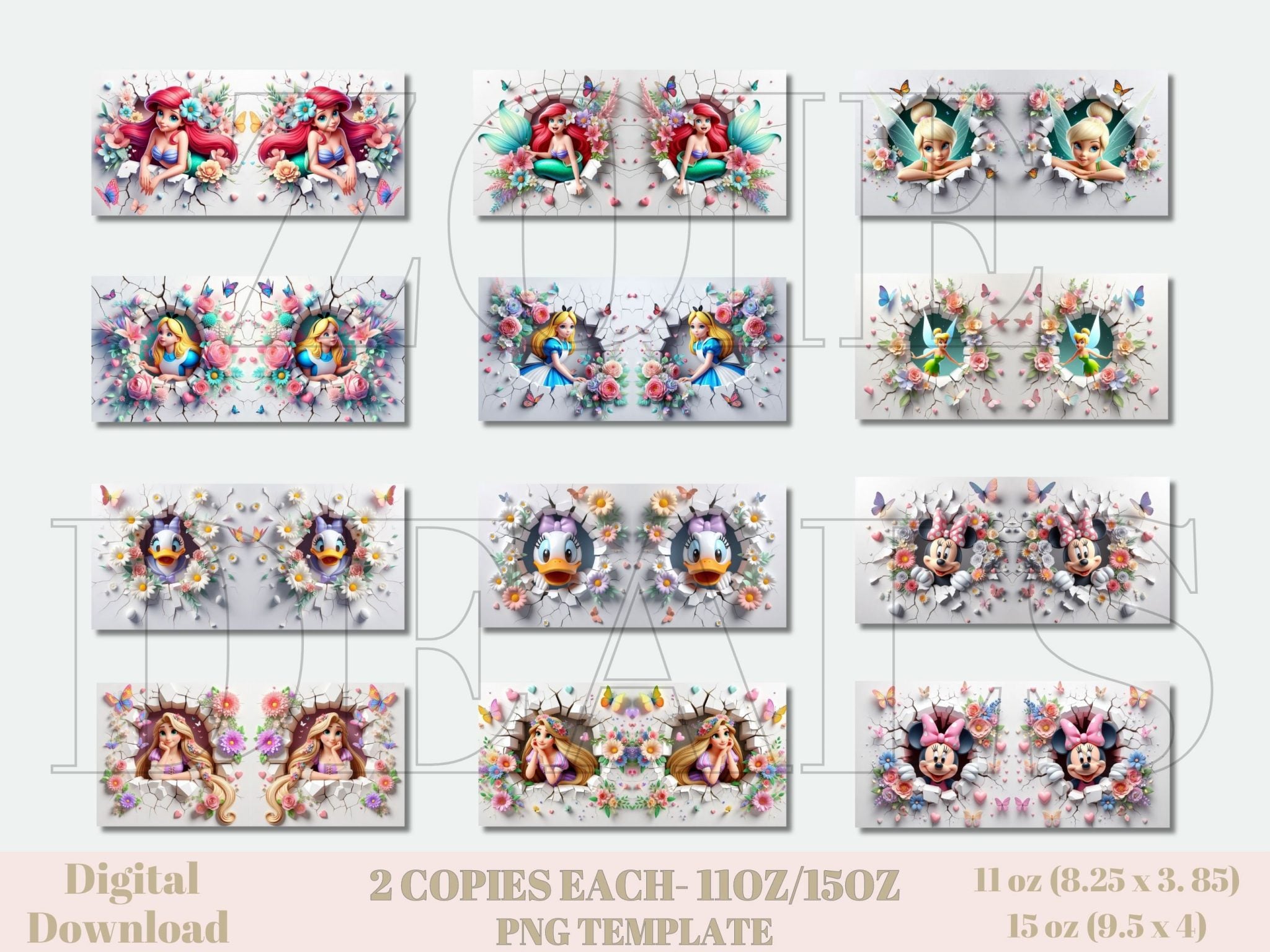 3D Effect Classic Girl Cartoon Character Mug Wrap, 11 oz & 15 oz Mug Bundle Sublimation Wrap, Instant Digital Download, PNG Template