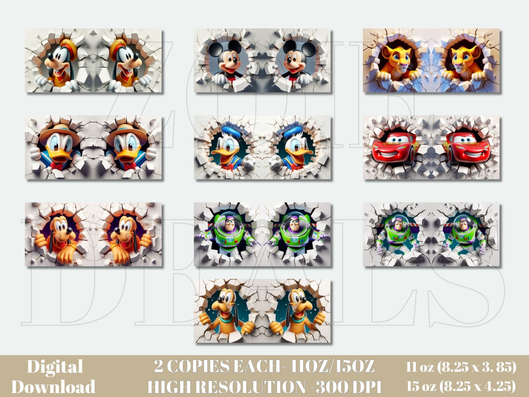 3D Effect Boys Classic Cartoons Character Mug Wrap, 11 oz & 15 oz Mug Bundle Sublimation Wrap, Instant Digital Download, PNG Template