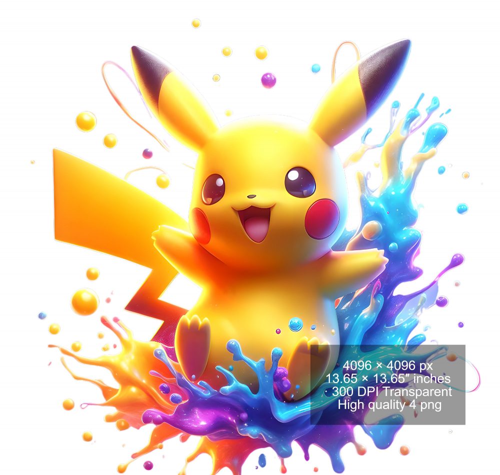 8 PNG Pikachu Splash and Watercolor Digital design PNG file for sublimation – High Resolution -Instant Digital PNG Download