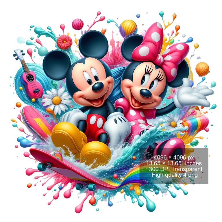 8 PNG Mickey Mouse and Minnie Splash and Watercolor Digital design PNG file for sublimation – High Resolution -Instant Digital PNG Download