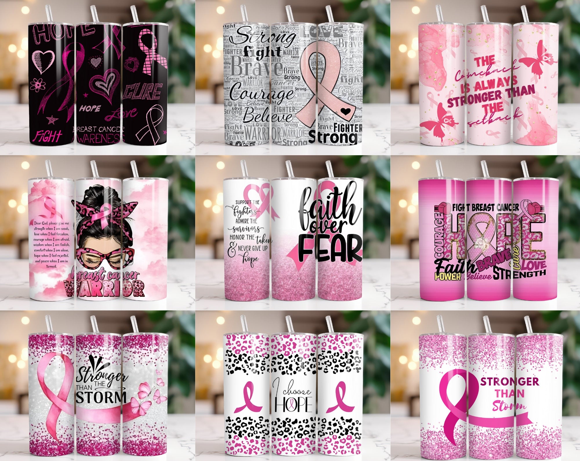 100+ Breast Cancer Tumbler Wrap Bundle 20oz Skinny Tumbler Sublimation PNG Ribbon Awareness Cancer Awareness Glitter Pink Tumbler