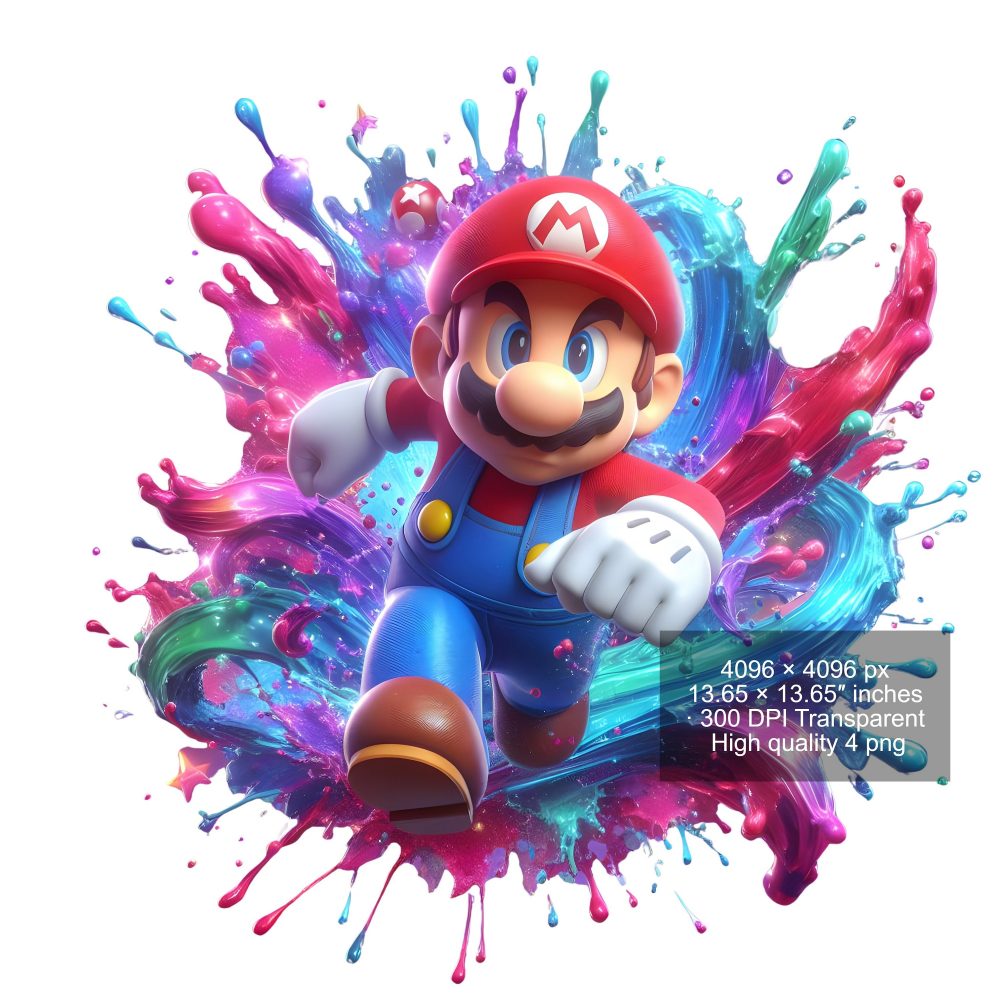 8 PNG Super Mario Splash and Watercolor Digital design PNG file for sublimation – High Resolution -Instant Digital PNG Download